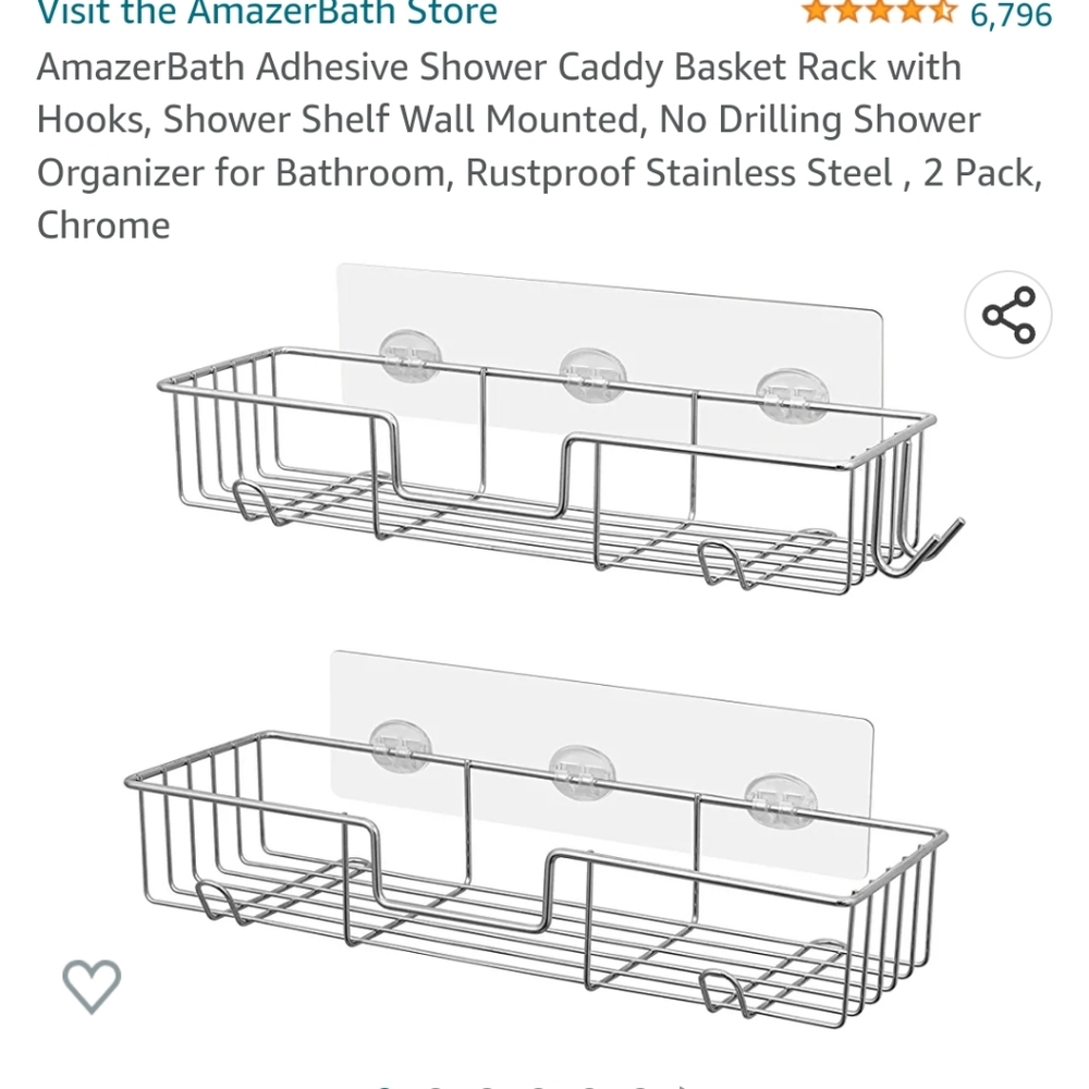 Adhesive shower caddy basket rack with hooks. Shower shelve wall mounted, no dri